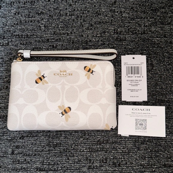 Coach Corner Zip Wristlet in Bee Print Signature Canvas & Smooth Leather NWT - Picture 4 of 12